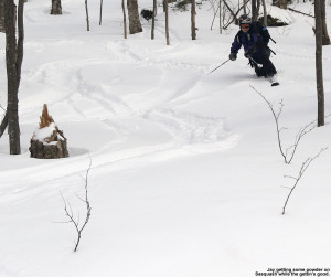 A picture of Jay skiing the Sasquash glade on the backcountry network at Bolton Valley Ski Resort in Vermont