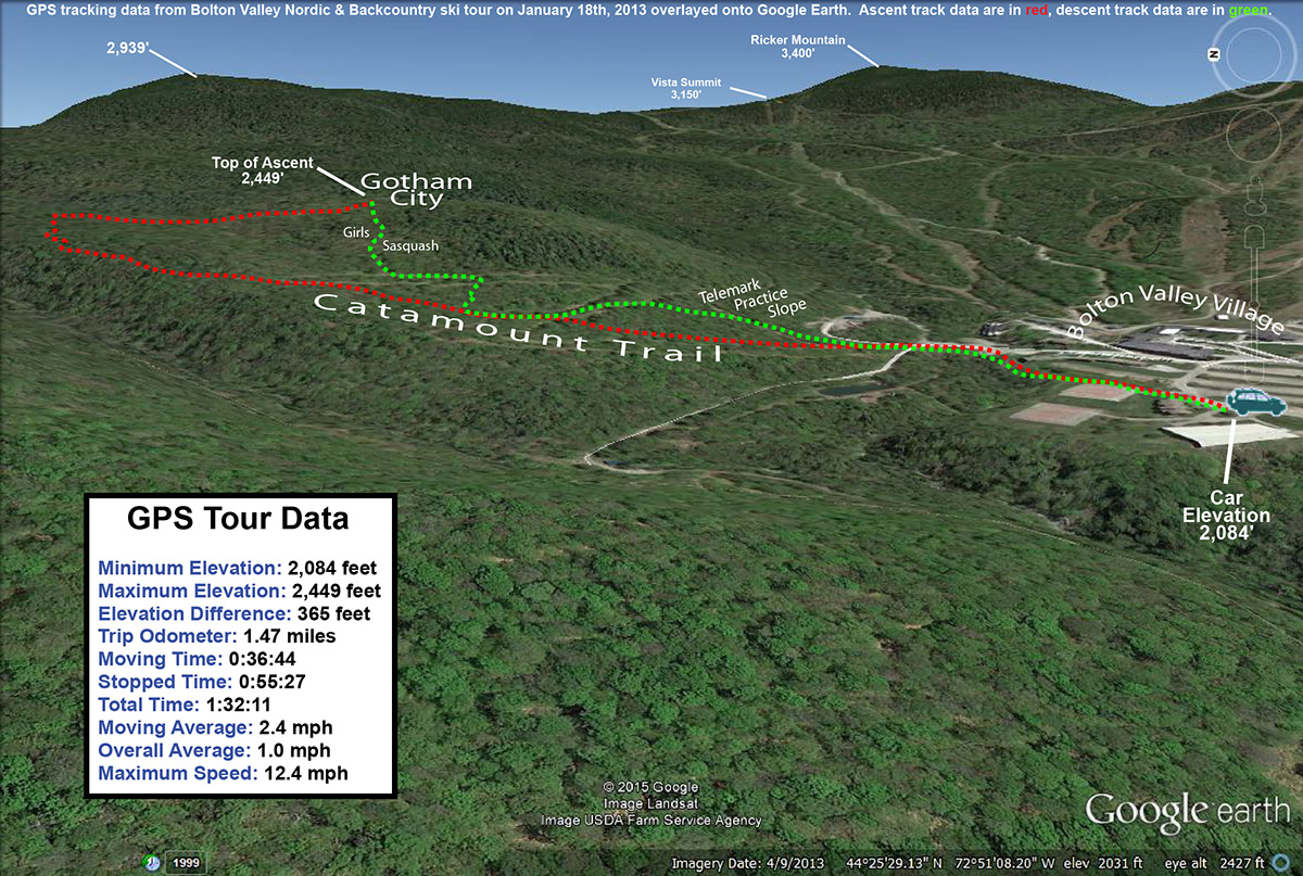 A map of a ski tour on the Bolton Valley Nordic and Backcountry ski network in Vermont