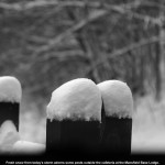 An image of fresh snow on some railing posts outside the cafeteria at the Mansfield Base Lodge at Stowe Mountain Resort in Vermont