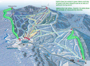 A map showing the routes of ascent for Bolton Valley's offical uphill travel policy for those skiers and riders that want to ascend the hill under their own power