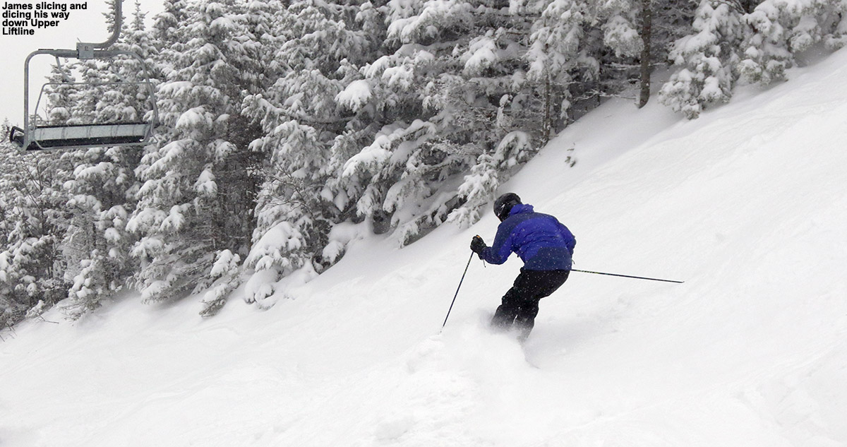 An image of James skiing on the Upper Liftline trail at Stowe Mountain Resort in Vermont