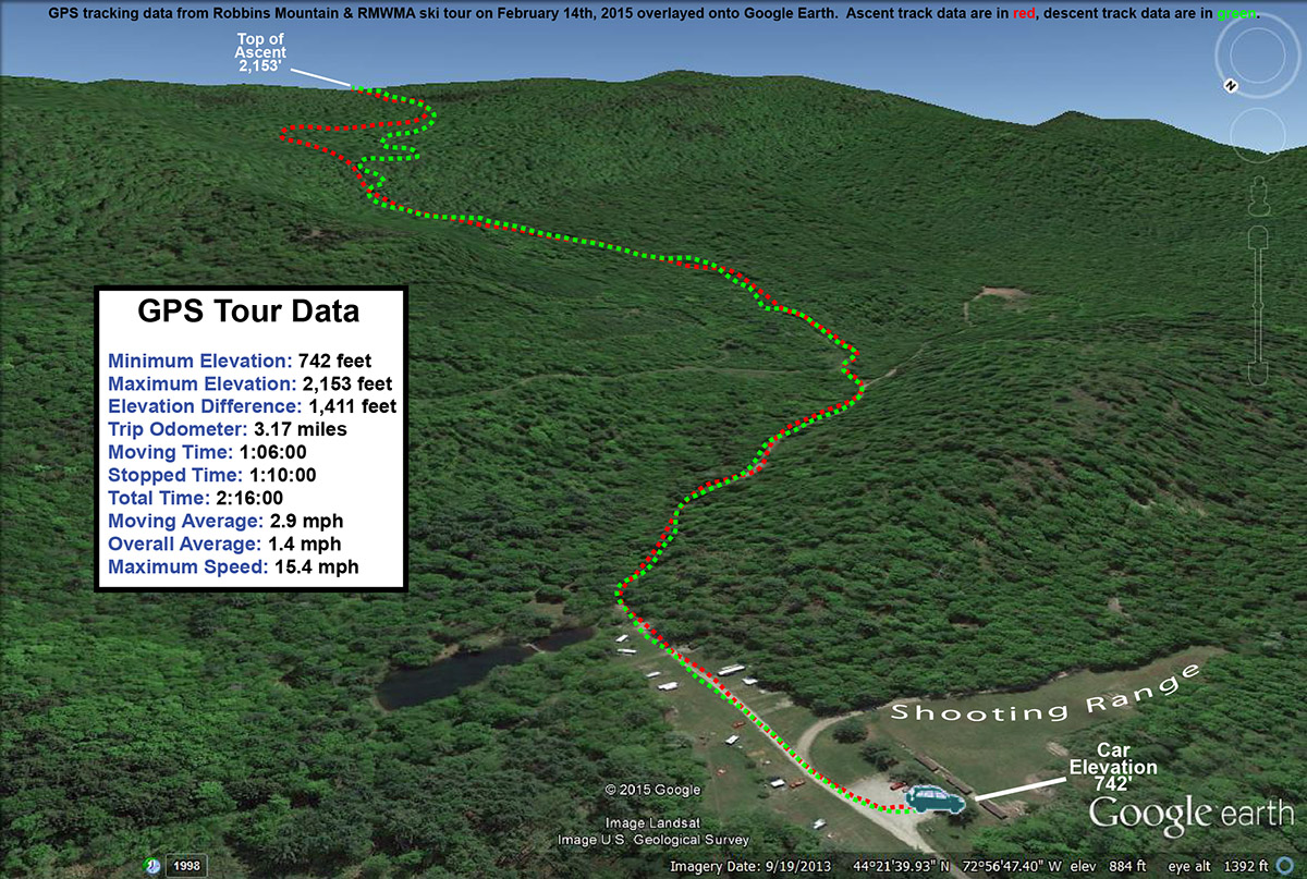 A Google Earth map with GPS tracking data from a backcountry ski tour on Robbins Mountain in Vermont 