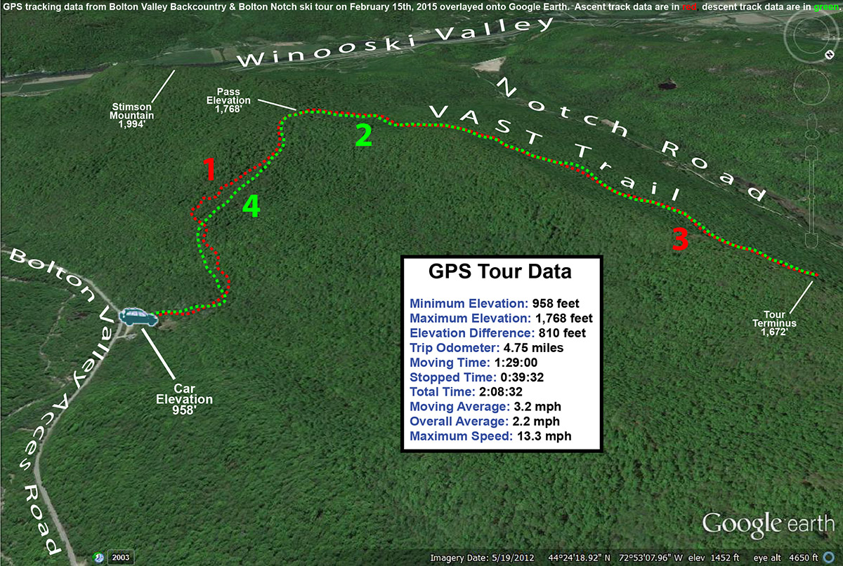 A Google Earth map showing GPS tracking data from a backcountry ski tour in the Bolton Valley and Bolton Notch areas