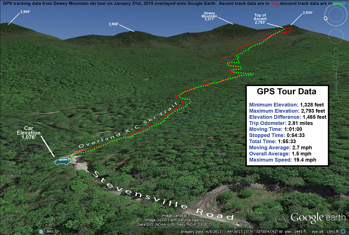 A Google Earth map showing GPS tracking data from a backcountry ski tour on Dewey Mountain in Vermont