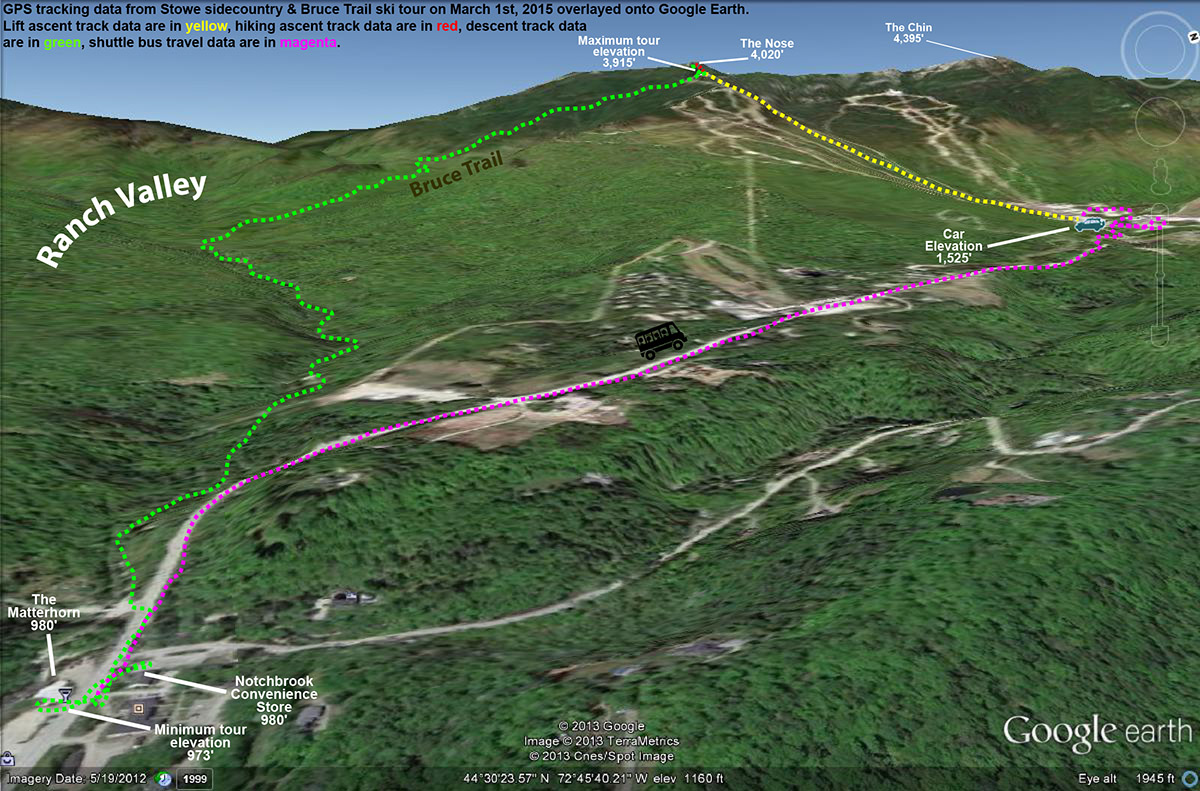 A Google Earth map with GPS tracking data showing the route of a ski tour at Stowe and in the sidecountry along the Bruce Trail