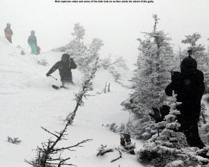 An image of Ken skiing the Cliff Trail Gully on Mt. Mansfield above Stowe Mountain Resort while Rick takes video and some of the kids look on from above