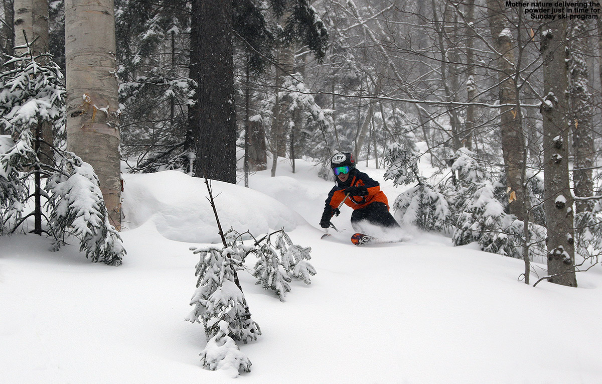An image of Ty skiing powder snow in the trees near the Chin Clip Streambed at Stowe Mountain Resort in Vermont