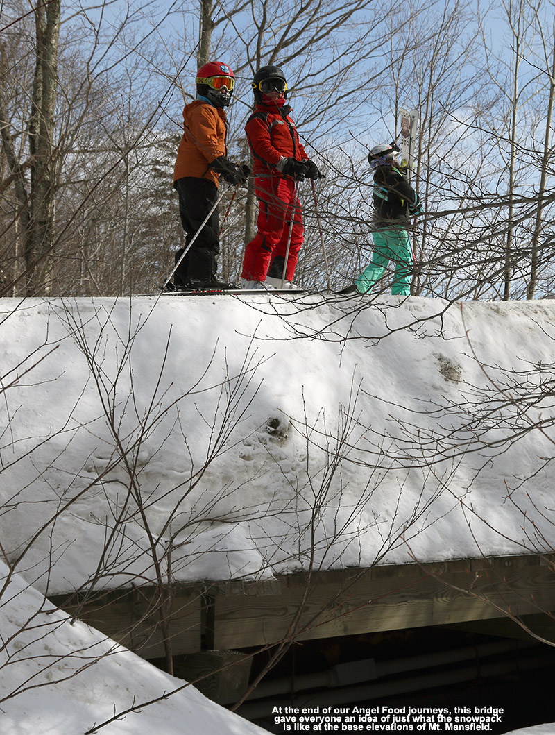 An image of a bridge showing the depth of snowpack at the base of Stowe Mountain Resort in Vermont