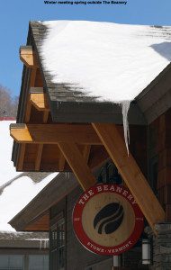 An image of the outside of "The Beanery" coffee shop at Stowe Mountain Resort in Vermont