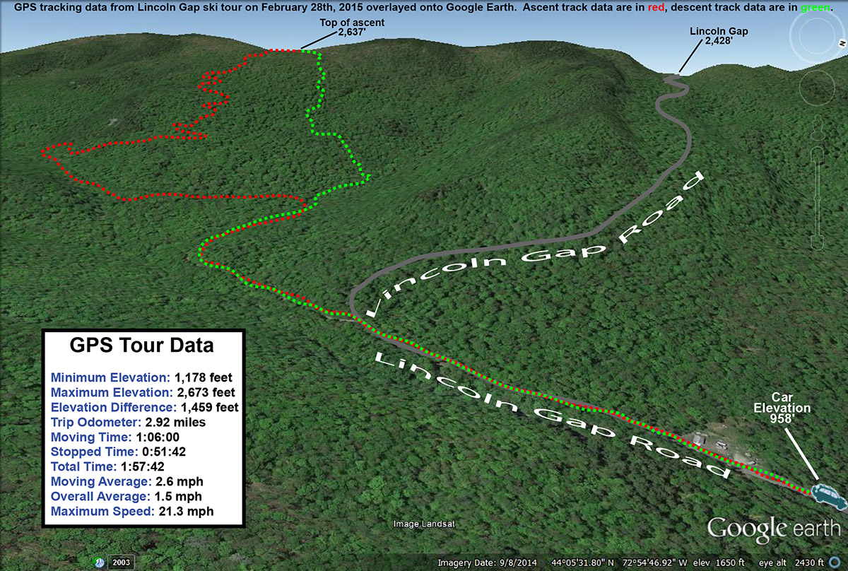 A Google Earth map with GPS tracking data of a backcountry ski tour in the Lincoln Gap area of Vermont