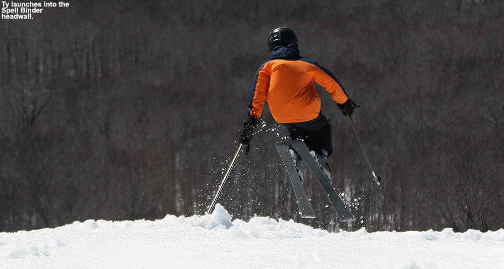 An image of Ty skiing the Spell Binder trail at Bolton Valley Ski Resort in Vermont