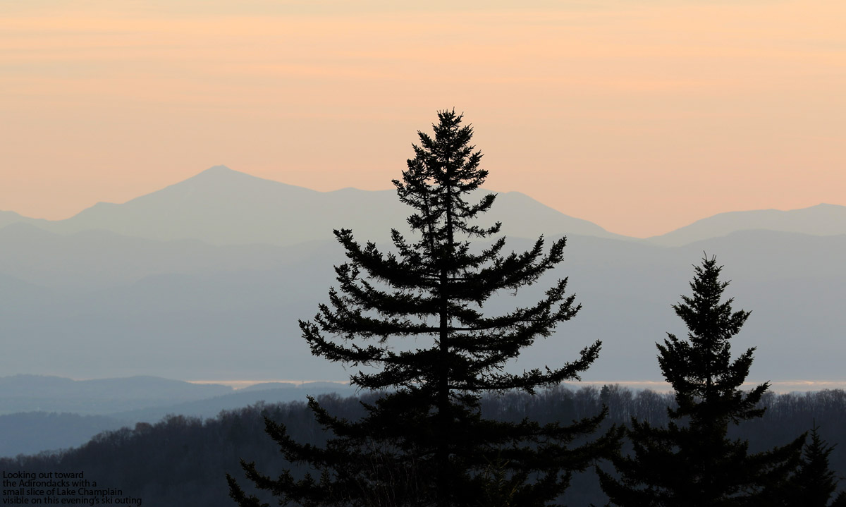An image looking westward toward the Adirondack Mountains and Lake Shamplain from Bolton Valley Ski Resort in Vermont