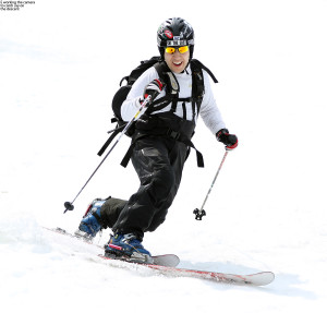 An image of Jay Telemark skiing on the Nosedive trail at Stowe Mountain Resort in Vermont in May