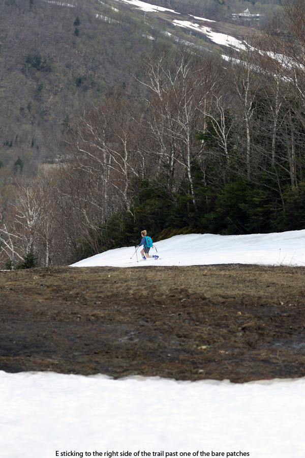 An image of Erica Telemark skiing at Stowe Mountain Resort in Vermont in May on some of the remaining snow