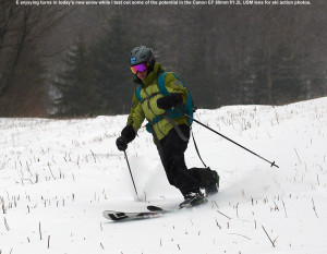 An image of Erica skiing on some fresh snow during the holidays at Bolton Valley Ski Resort in Vermont