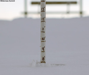 An image of the snow depth at the top of the Wilderness Chairlift at Bolton Valley Ski Resort in Vermont