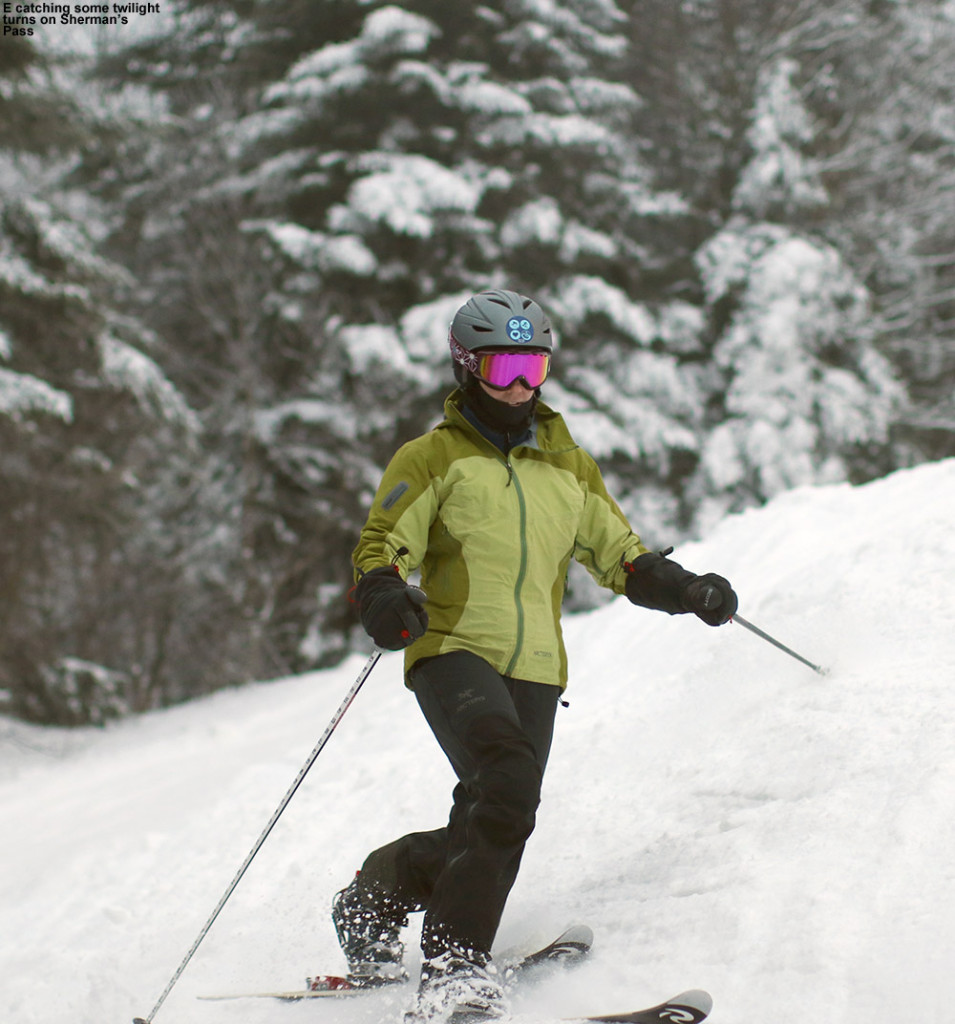 An image of Erica Telemark skiing on the Sherman's Pass trail at Bolton Valley Ski Resort in Vermont