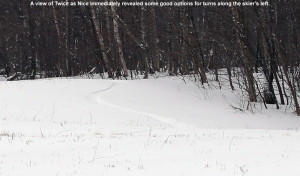 An image of ski tracks on the Twice as Nice trail at Bolton Valley Ski Resort in Vermont.