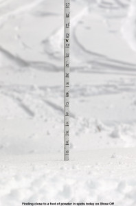 An image showing almost a foot of powder at Bolton Valley Ski Resort on the Show Off trail