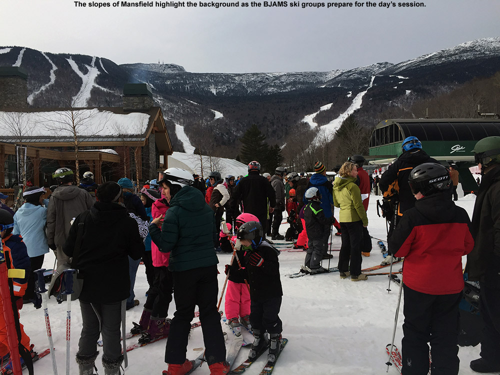 An image of the ski groups at the BJAMS ski program at Stowe Mountain Resort in Vermont as they begin their afternoon program session