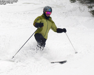 An image of Erica skiing powder on the Wilderness Liftline trail at Bolton Valley Resort in Vermont