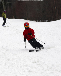 An image of Dylan skiing the Showtime trail at Bolton Valley Ski Resort in Vermont