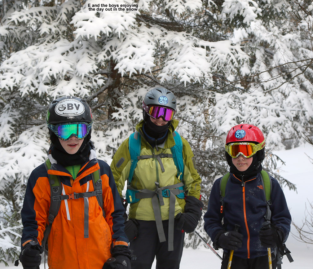 An image of Erica, Ty, and Dylan out on the Nordic and Backcountry Network at Bolton Valley Ski Resort in Vermont