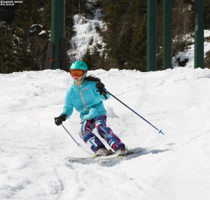 An image of Elisabeth skiing on the Gondolier Trail at Stowe Mountain Resort in Vermont