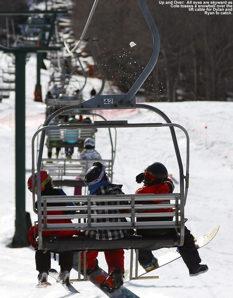 An image of Dylan, Ryan, and Cole on the Mountain Triple Chair Lift at Stowe Mountain Resort in Vermont