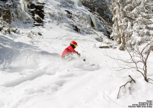 An image of Dylan dropping into a ski line below the Kitchen Wall at Stowe Mountain Resort in Vermont