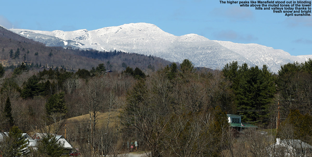 An image of Mt. Mansfield in Vermont with fresh snow from an April snowstorm