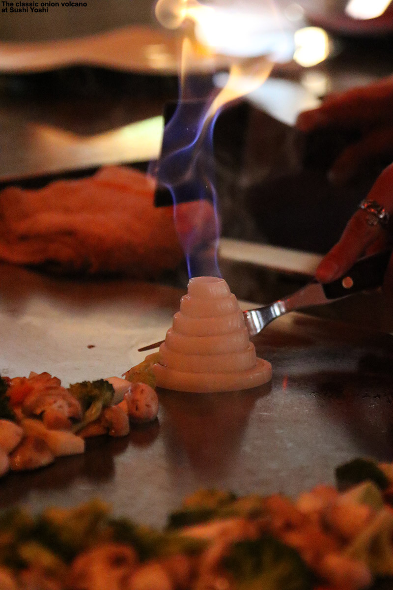 An image of an onion volcano as part of Hibachi dinner at Sushi Yoshi restaurant in Stowe