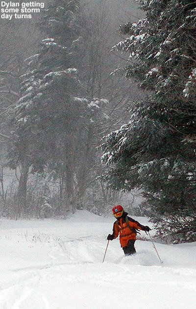 An image of Dylan Telemark skiing in powder on the Cougar trail at Bolton Valley Resort in Vermont