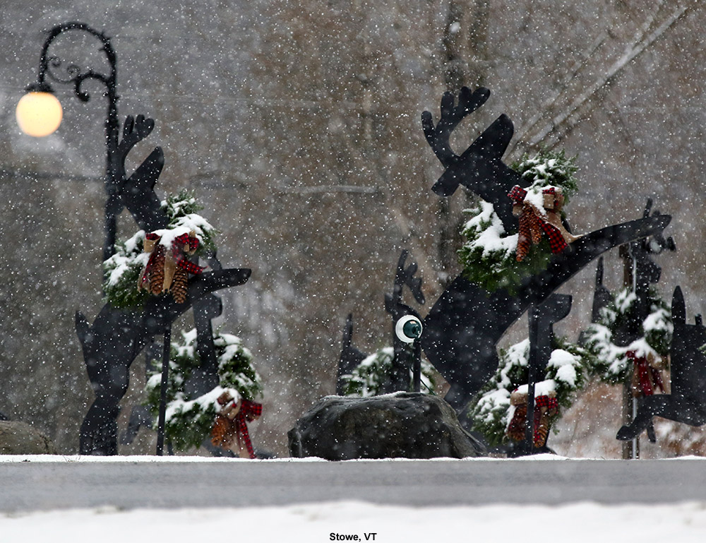 An image of some decorative reindeer with snow falling in Stowe, Vermont