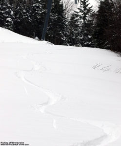 An image of ski tracks in powder snow in the Brandywine trail at Bolton Valley Resort in Vermont