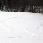 An image of ski tracks on powder snow on the Tattle Tale trail at Bolton Valley Resort in Vermont