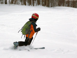 An image of Dylan Telemark skiing on the Spell Binder trail at Bolton Valley Resort in Vermont