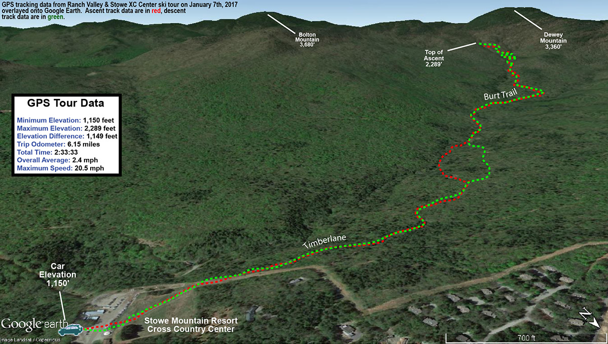 An image showing GPS data on Google Earth from a backcountry ski tour in the Ranch Valley of Vermont near Stowe Mountain Resort
