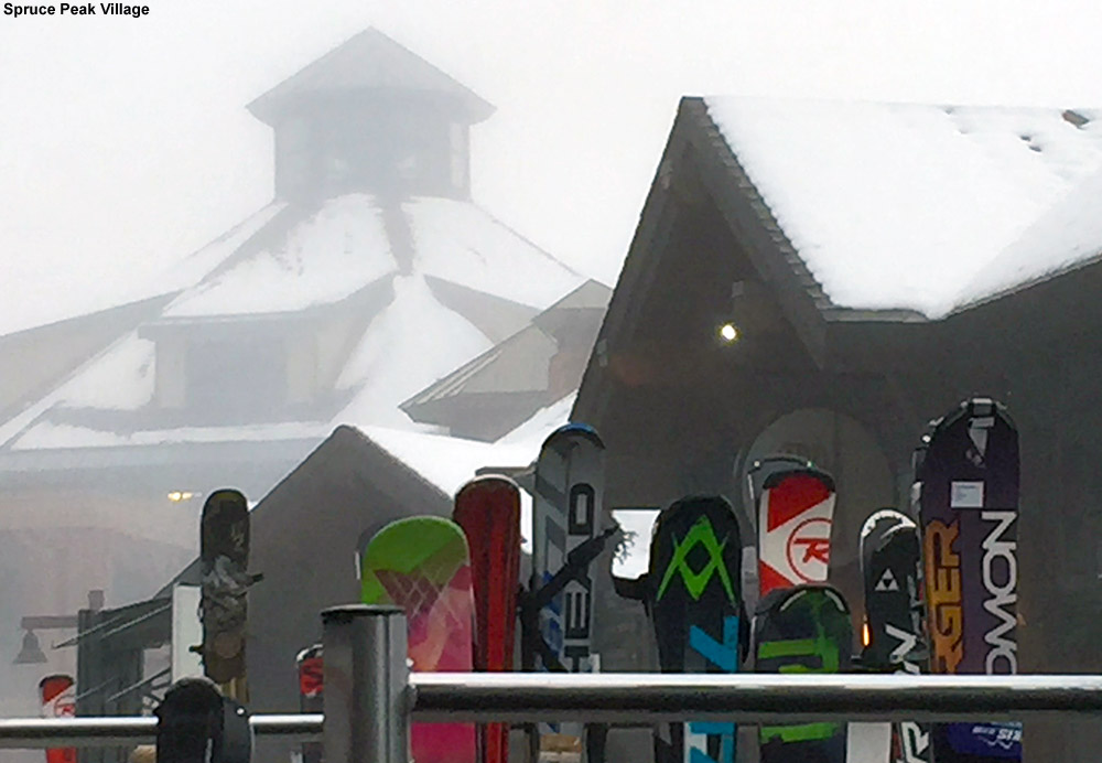 An image of some skis on a rack on the Spruce Peak Village at Stowe Mountain Ski Resort in Vermont
