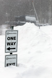 An image of a traffic sign in the Timberline parking lot at Bolton Valley Ski Resort in Vermont