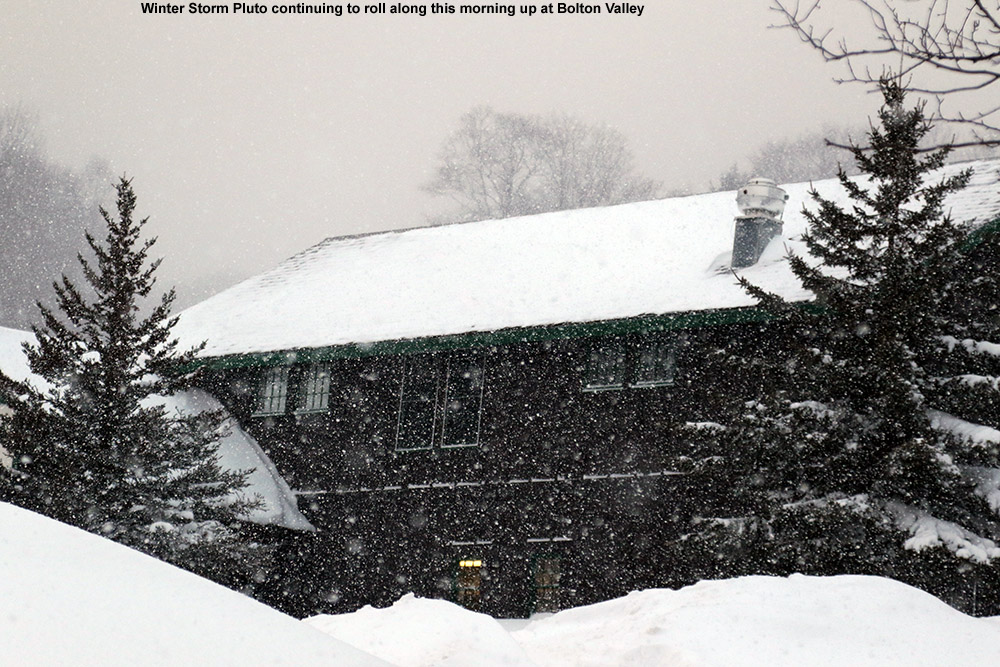 An image showing heavy snowfall from Winter Storm Pluto at the Timberline Lodge at Bolton Valley Ski Resort in Vermont