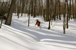 An image of Dylan backcountry skiing in powder in the Lincoln Gap area of Vermont