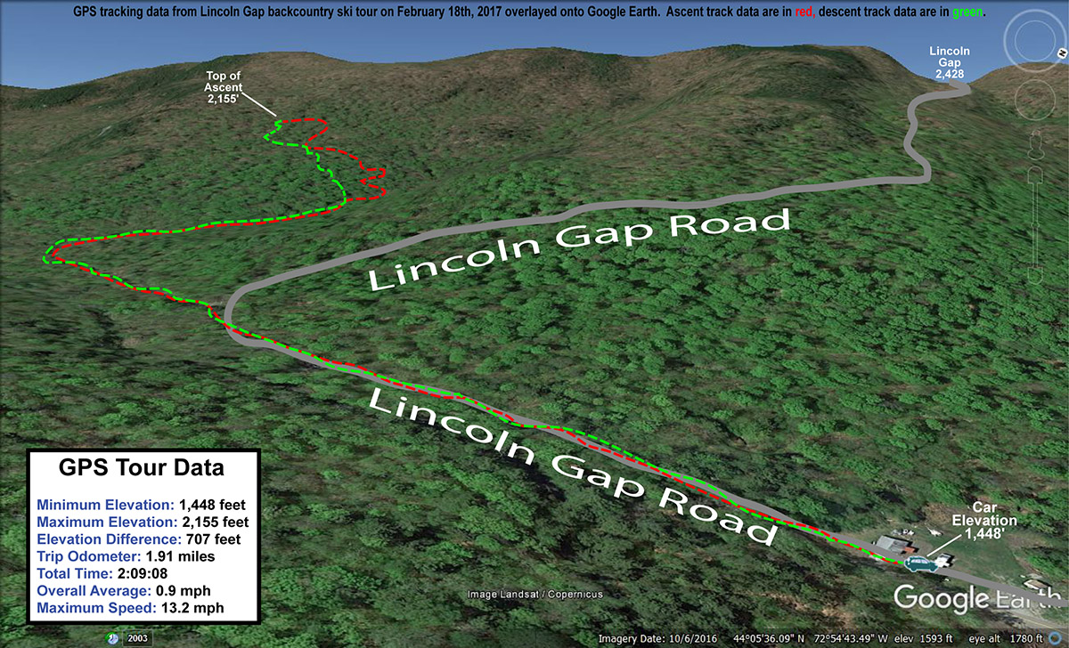 A map of GPS tracking data plotted on Google Earth from a backcountry ski tour in the Lincoln Gap area of Vermont