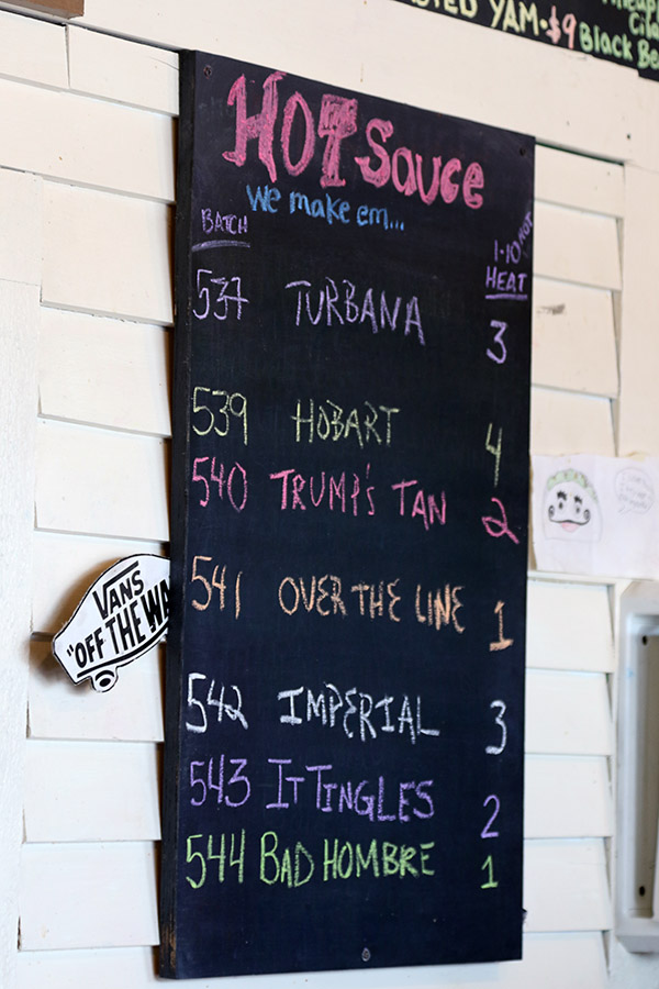 An image of the various hot sauces available for the day at "The Mad Taco" restaurant in Waitsfield, Vermont
