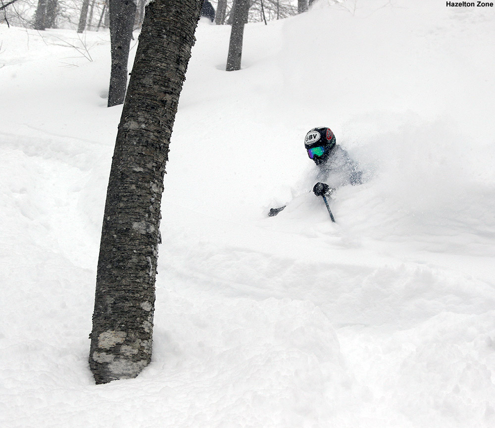 An image of Ty skiing deep powder in the Hazelton Zone at Stowe Mountain Resort in Vermont after Winter Storm Stella