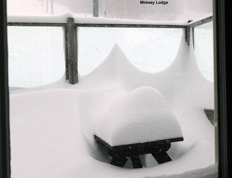 An image of deep snow on a picnic table at the Midway Lodge at Stowe Mountain Resort in Vermont