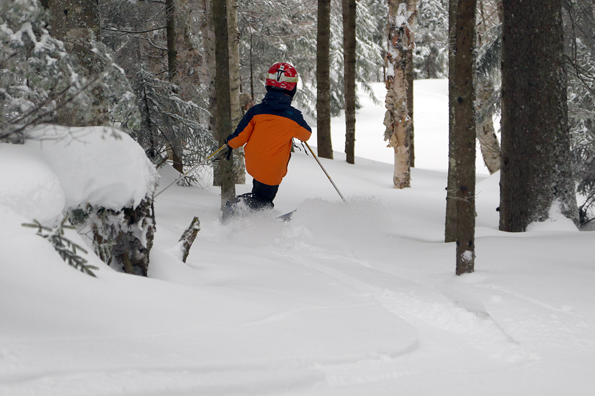 An image of Dylan Telemark skiing in powder snow in the Villager Trees area of Bolton Valley Resort in Vermont