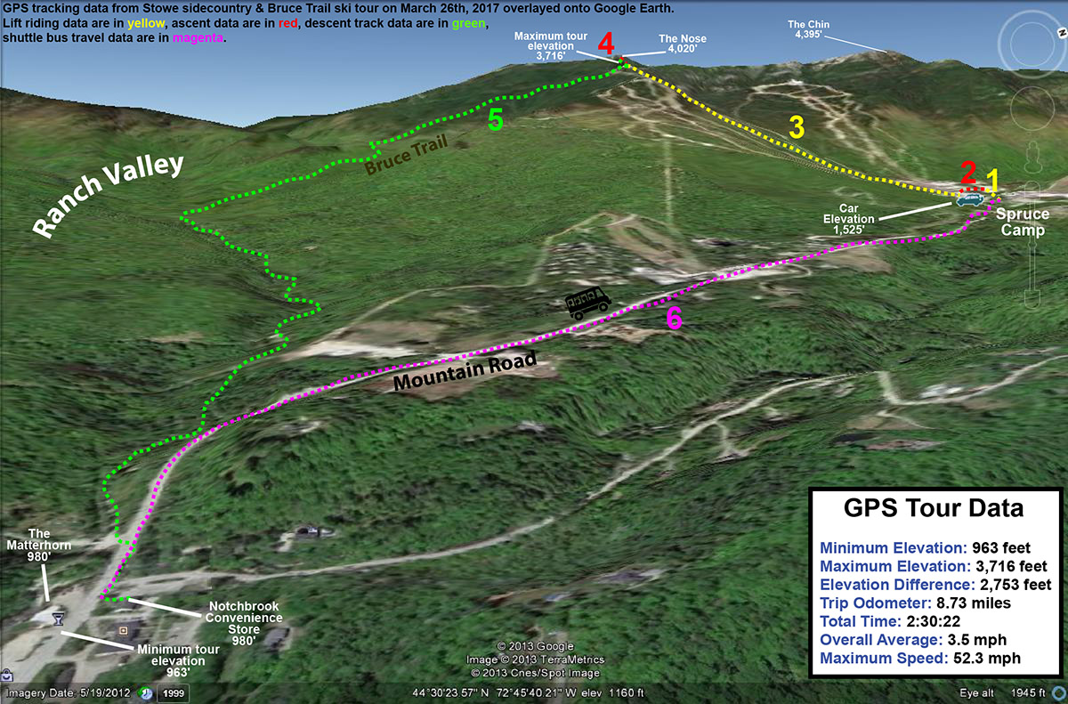 A map showing the GPS track overlayed onto Google Earth from a ski tour on the Bruce Trail near Stowe Mountain Resort in Vermont