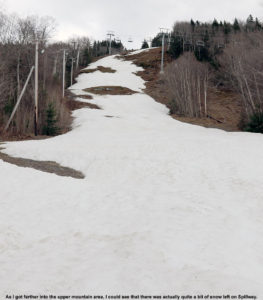 An image of the Spillway trail at Bolton Valley Ski Resort in Northern Vermont at the end of April