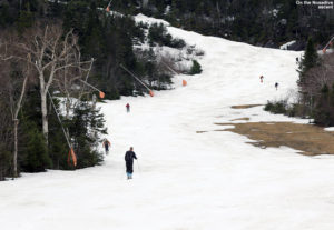 An image of skiers skinning up the Nosedive trail in May at Stowe Mountain Resort in Vermont